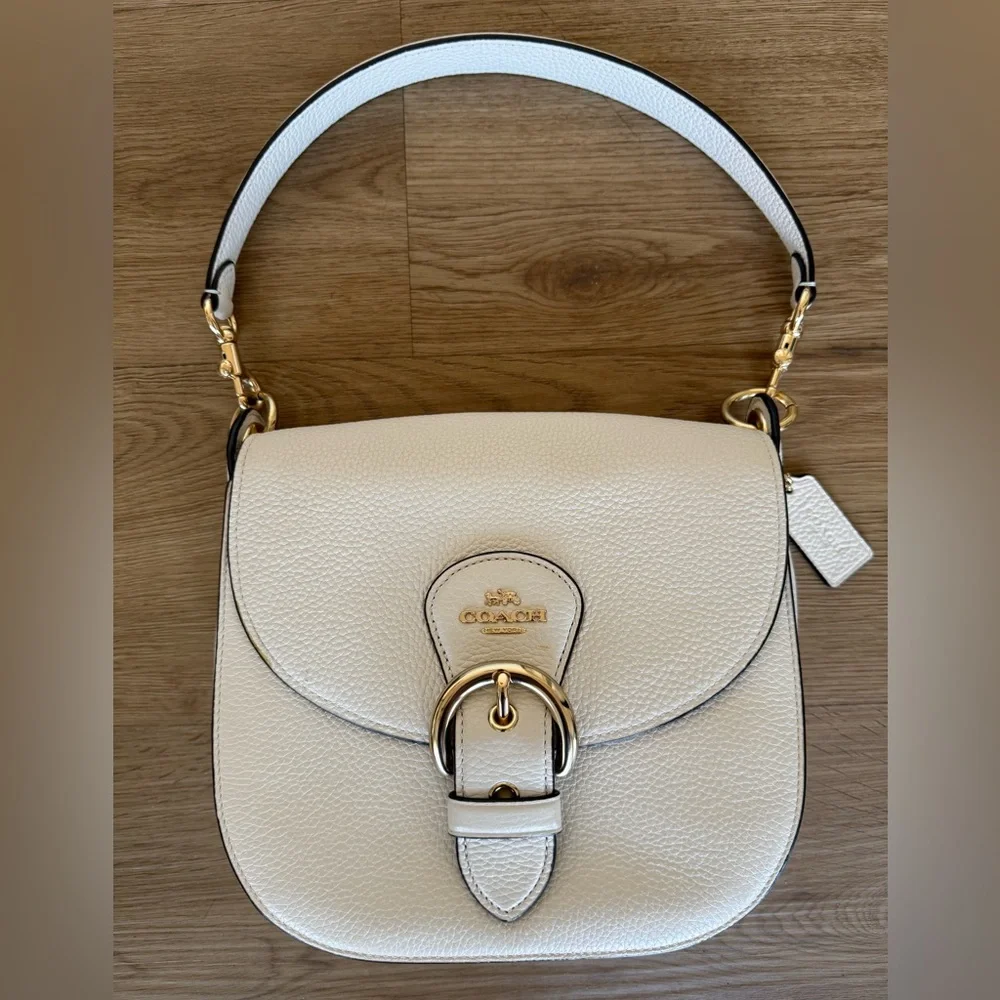 Coach Kleo Cream Pebbled Leather Shoulder Bag Gold Hardware Beige Suede Interior - Picture 1 of 10